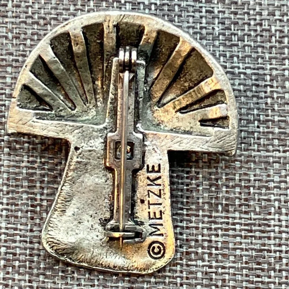 Metzke Pewter Mushroom Brooch Pin 1.5 In Vintage Signed Retro Dotted Textured - Picture 3 of 7